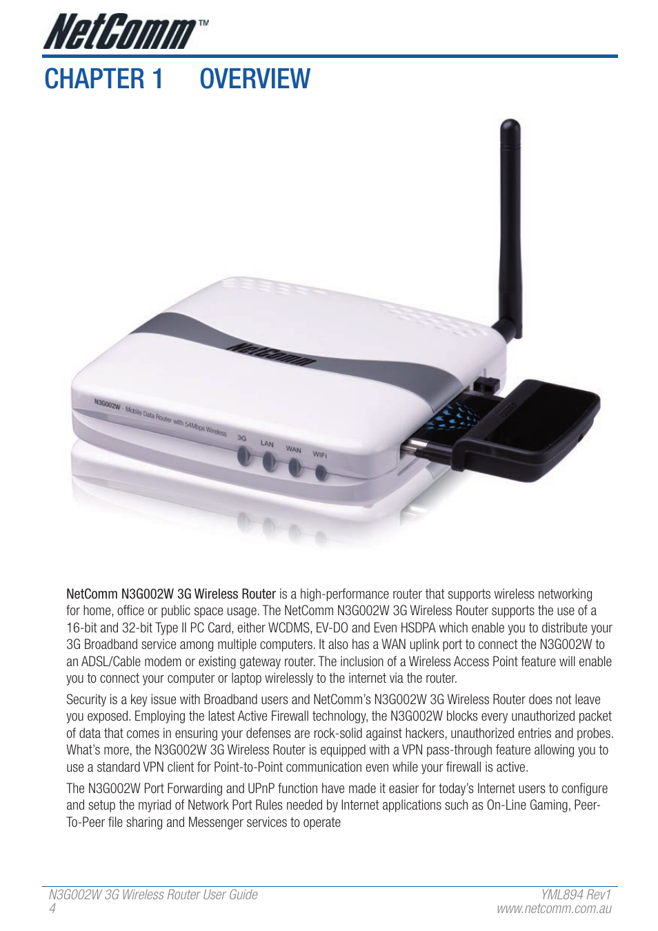 Chapter 1 overview | NetComm N3G002W User Manual | Page 4 / 72