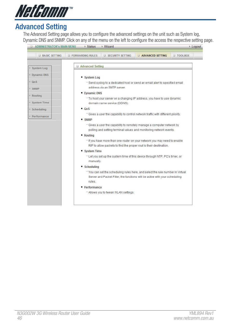 Advanced setting | NetComm N3G002W User Manual | Page 46 / 72