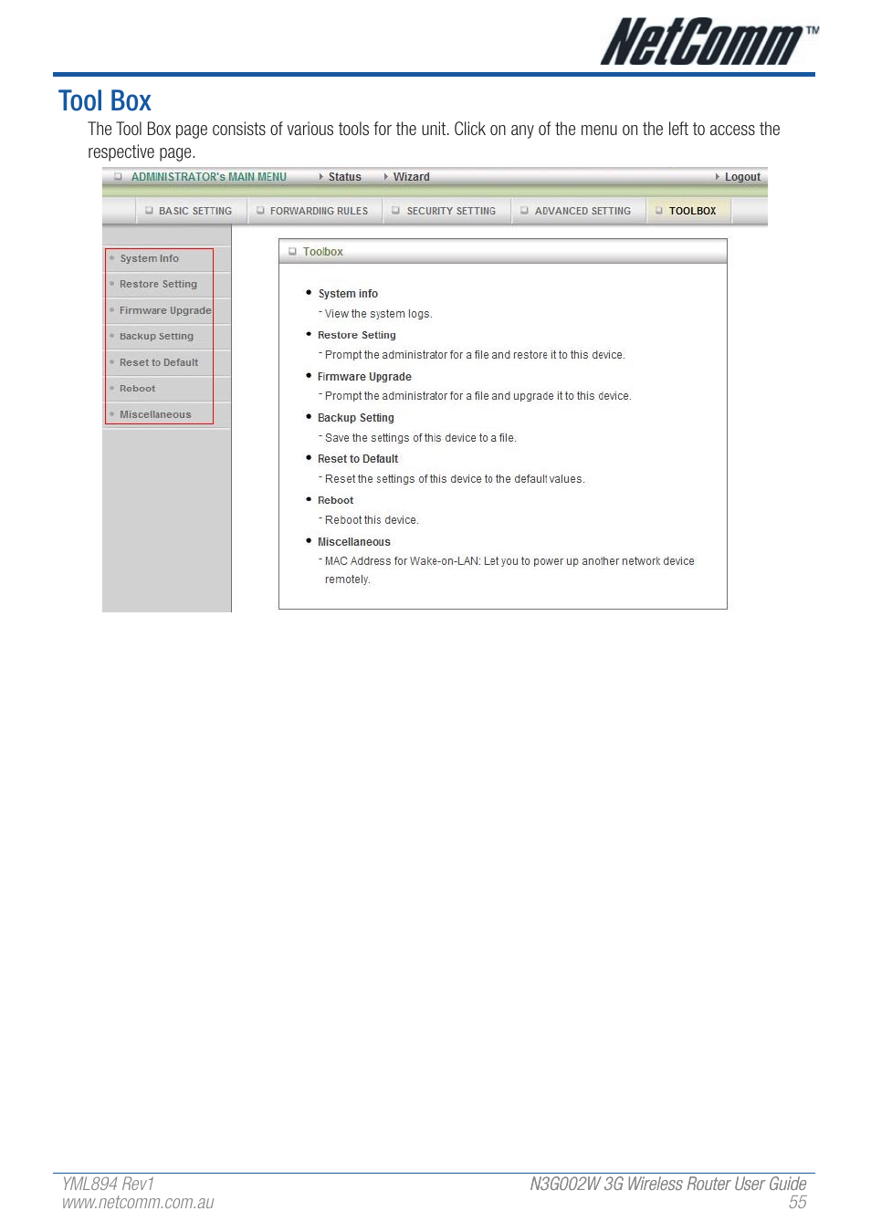 Tool box | NetComm N3G002W User Manual | Page 55 / 72