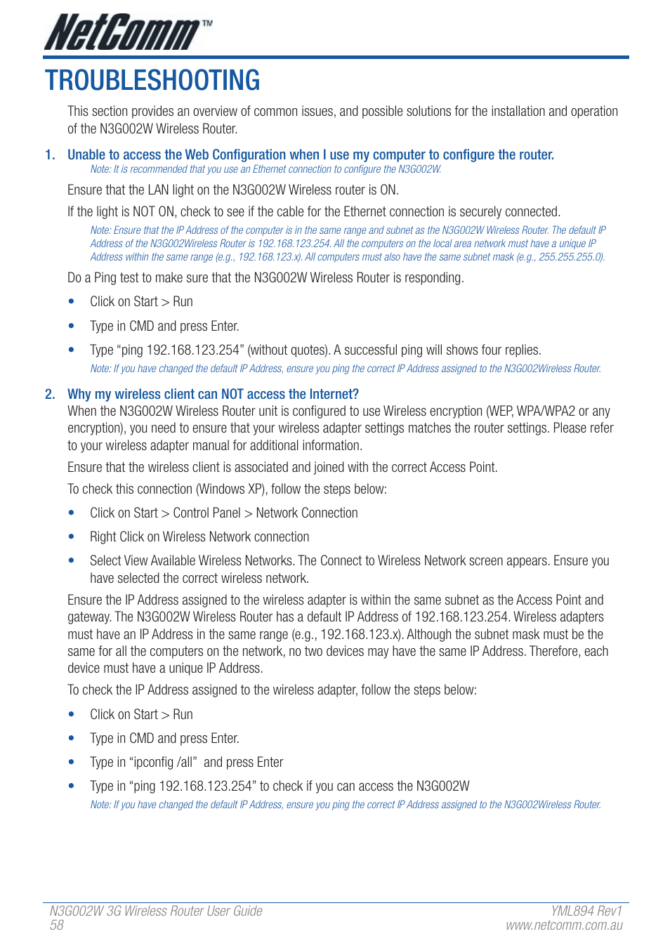 Troubleshooting | NetComm N3G002W User Manual | Page 58 / 72