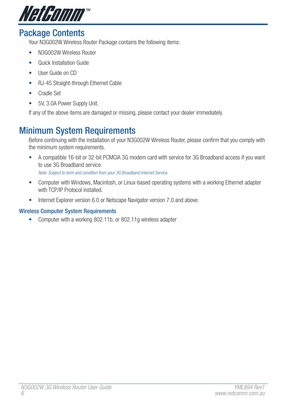 Package contents, Minimum system requirements | NetComm N3G002W User Manual | Page 6 / 72