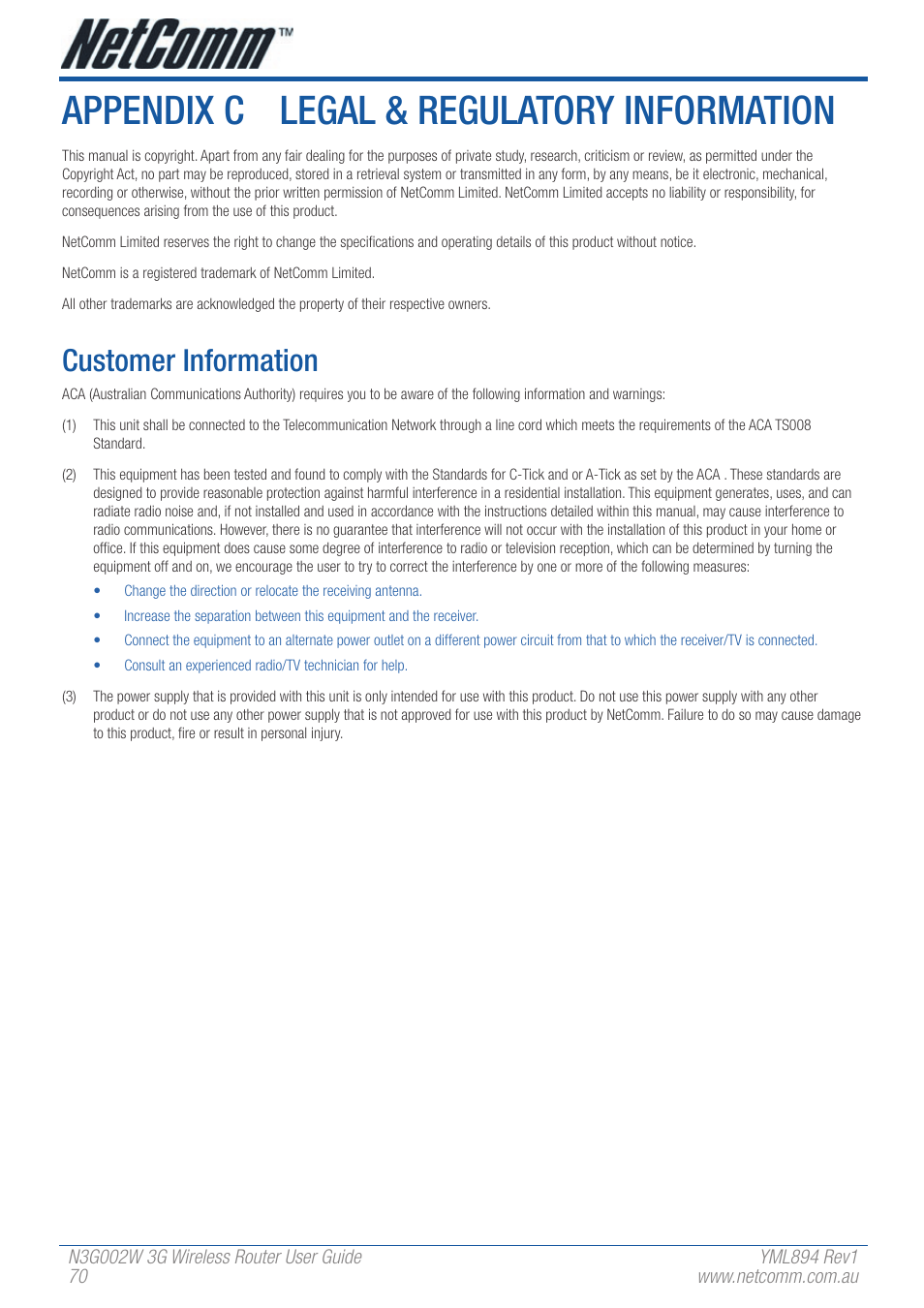 Appendix c legal & regulatory information, Customer information | NetComm N3G002W User Manual | Page 70 / 72