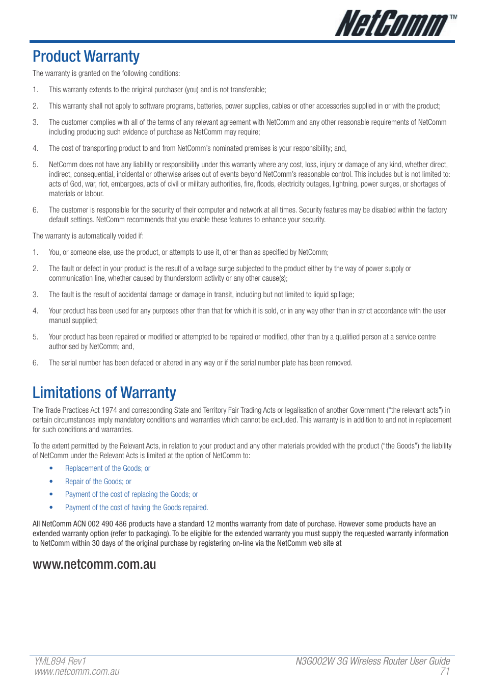 Product warranty, Limitations of warranty | NetComm N3G002W User Manual | Page 71 / 72