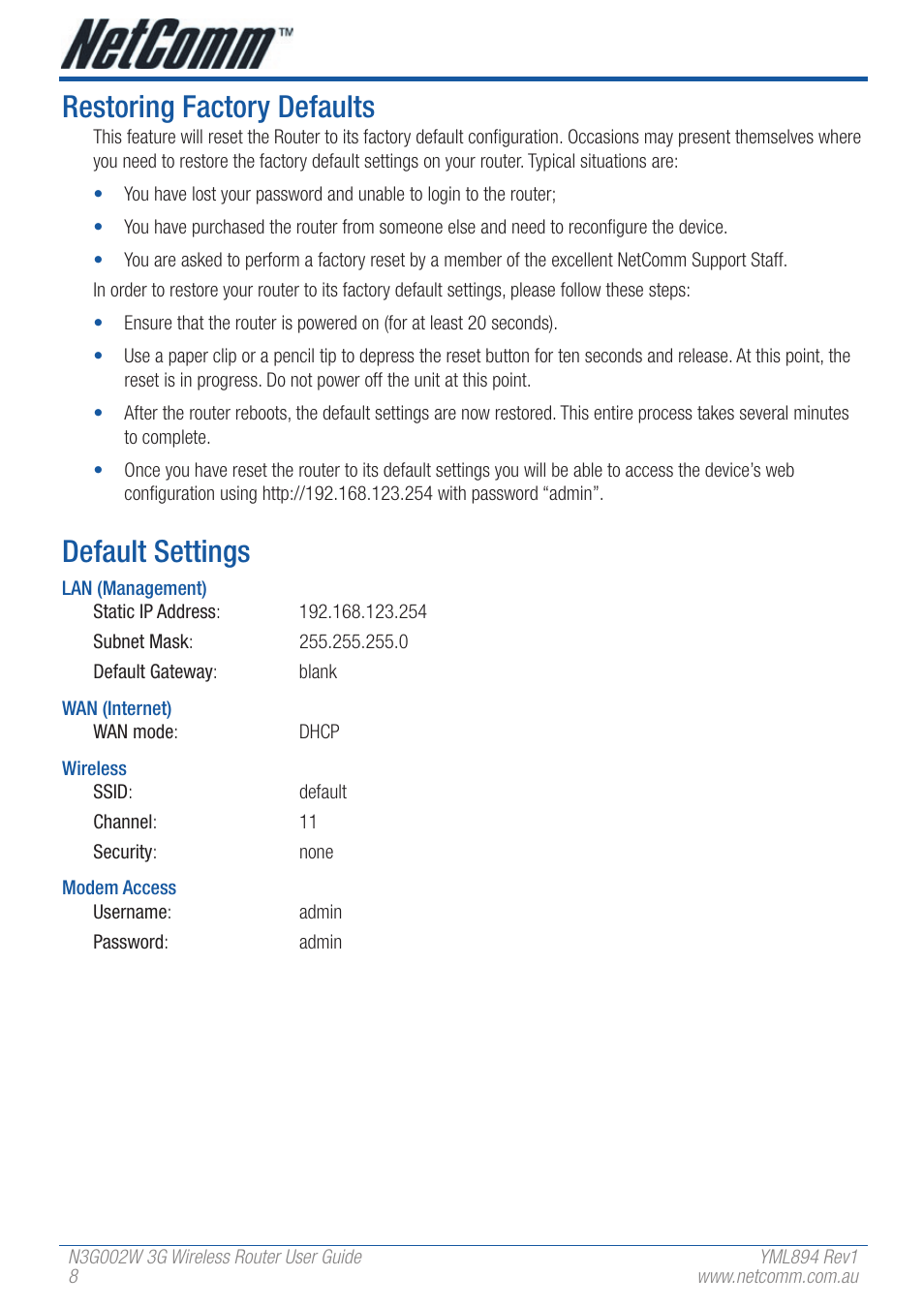 Restoring factory defaults, Default settings | NetComm N3G002W User Manual | Page 8 / 72