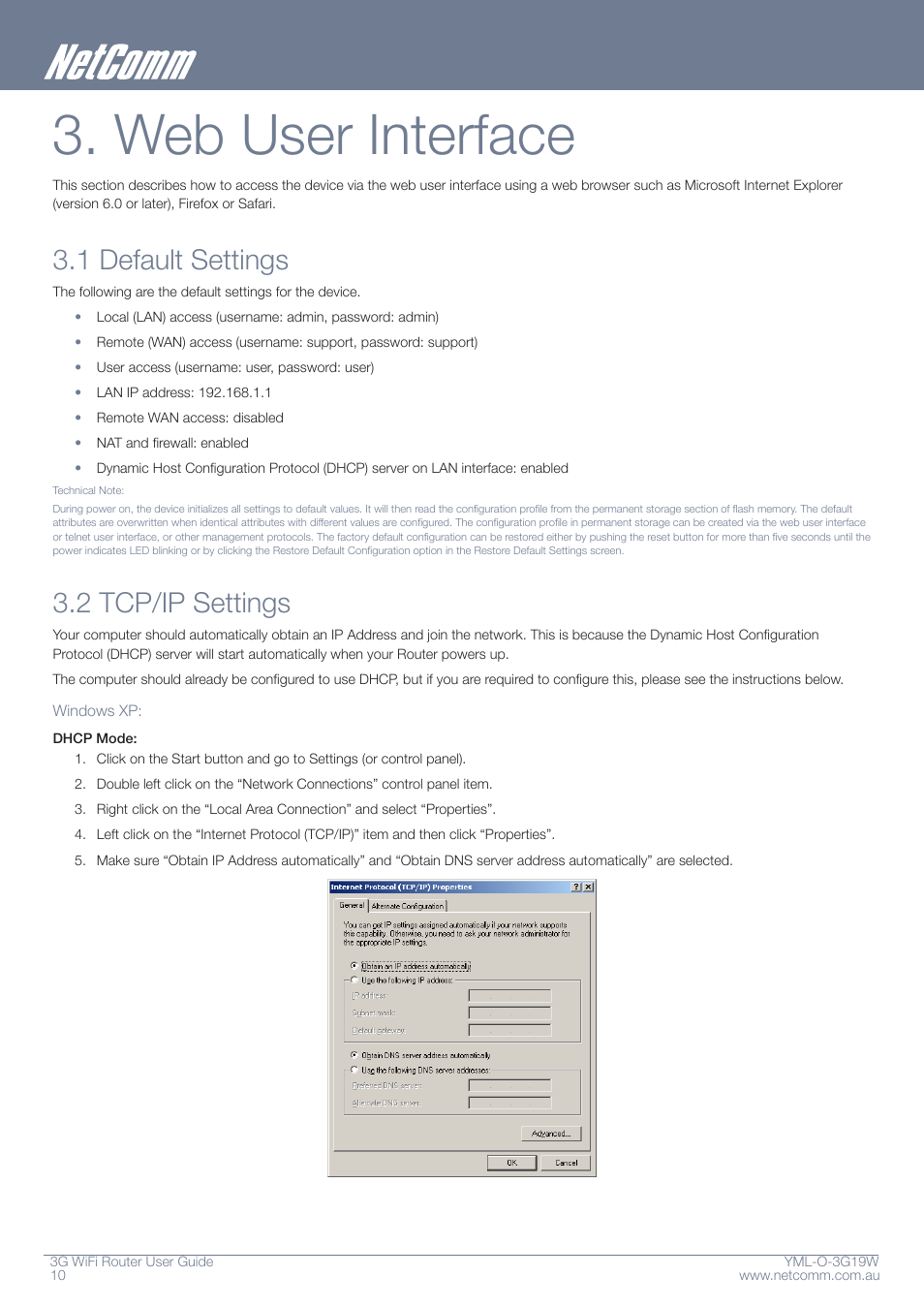 Web user interface, 1 default settings, 2 tcp/ip settings | NetComm YML-O-3G19W User Manual | Page 10 / 55