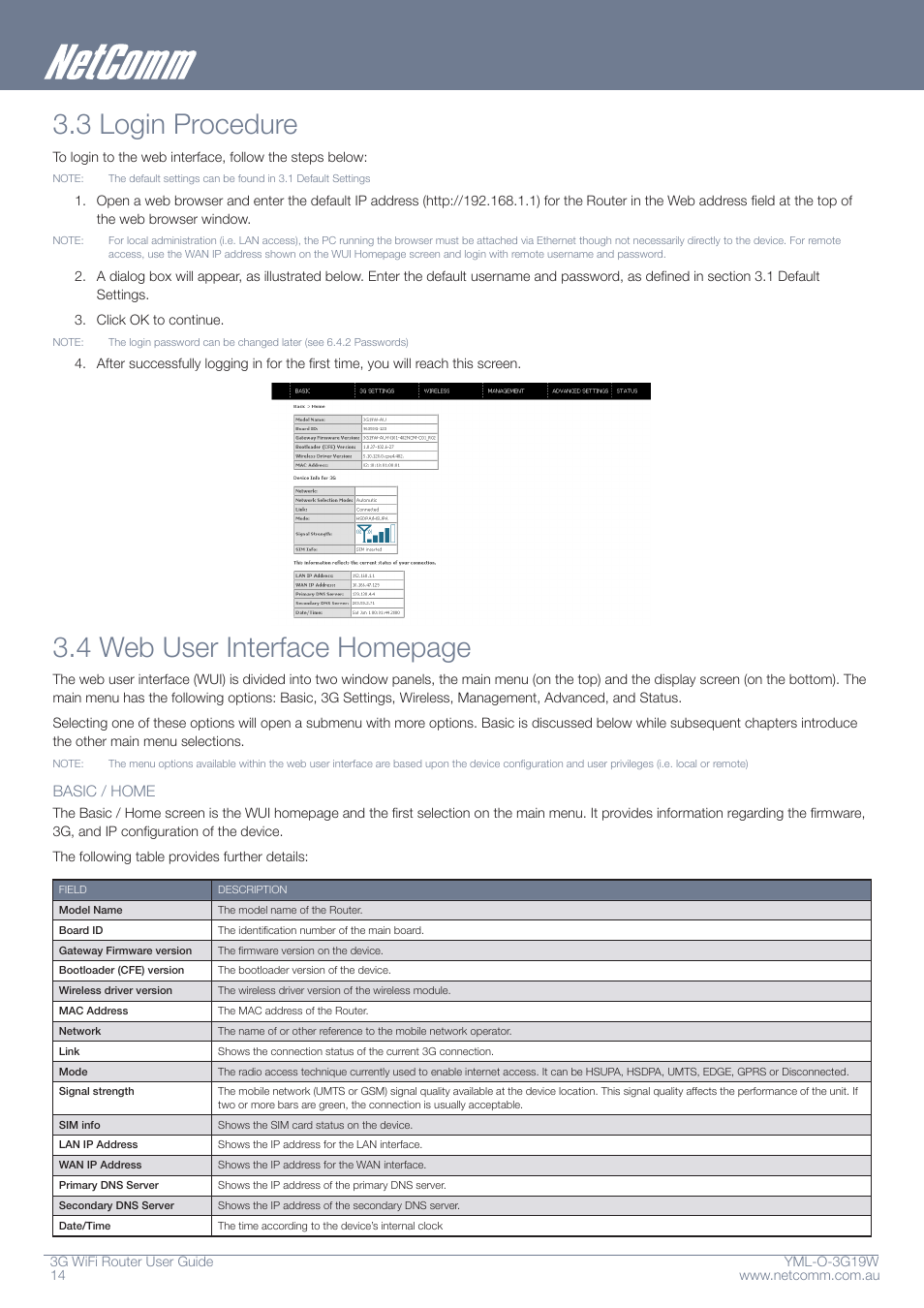 3 login procedure, 4 web user interface homepage, Basic / home | NetComm YML-O-3G19W User Manual | Page 14 / 55