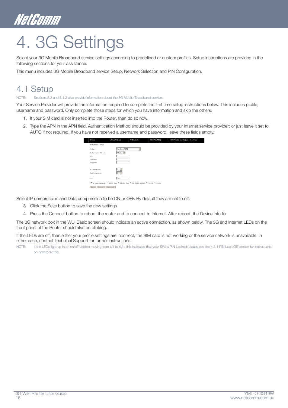 3g settings, 1 setup | NetComm YML-O-3G19W User Manual | Page 16 / 55