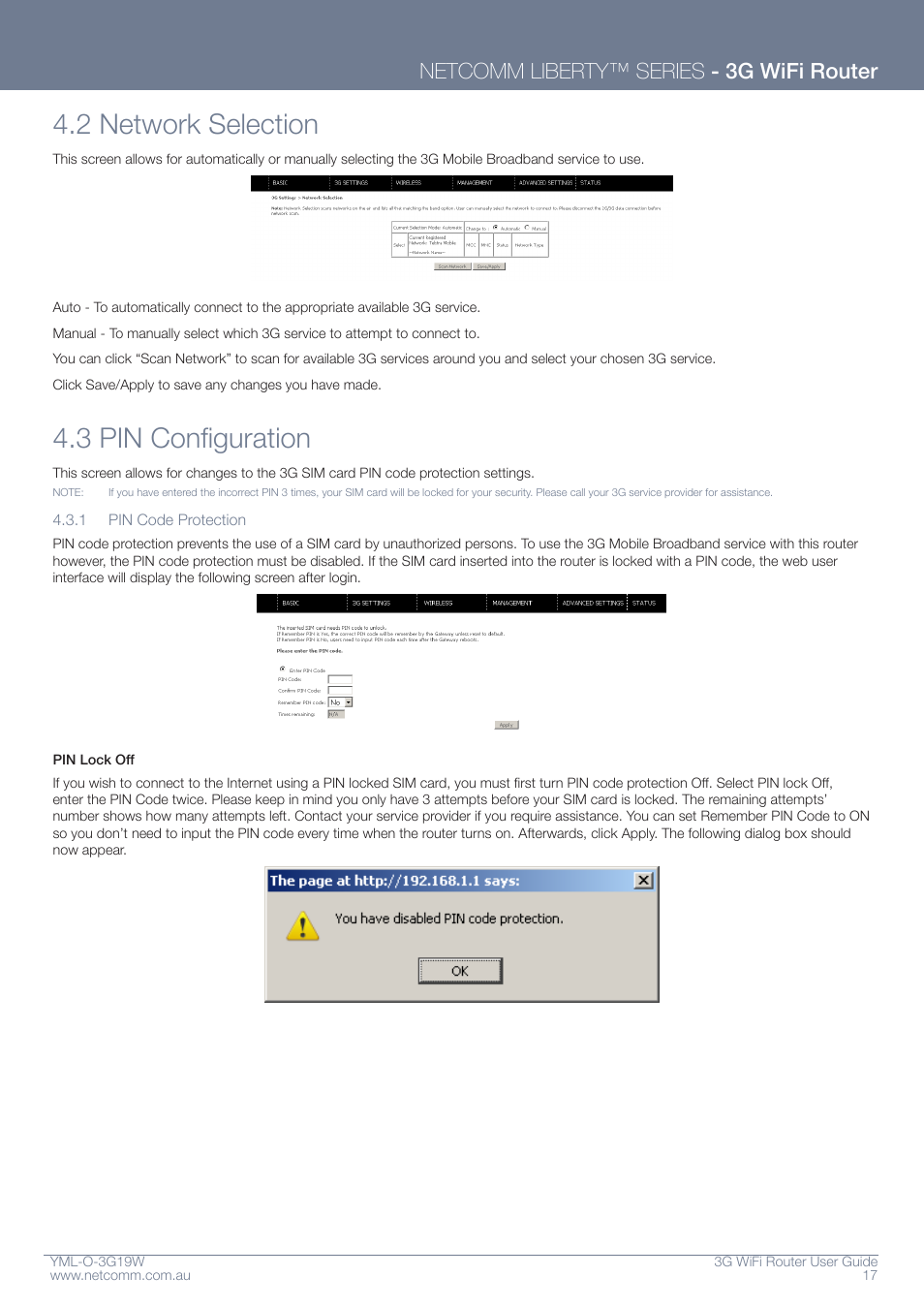 2 network selection, 3 pin configuration, Netcomm liberty™ series - 3g wifi router | NetComm YML-O-3G19W User Manual | Page 17 / 55