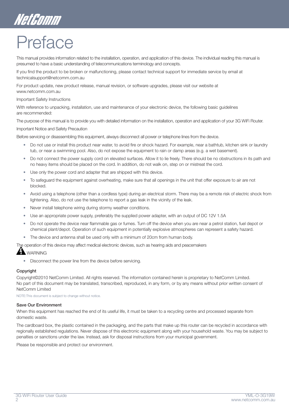 Preface | NetComm YML-O-3G19W User Manual | Page 2 / 55