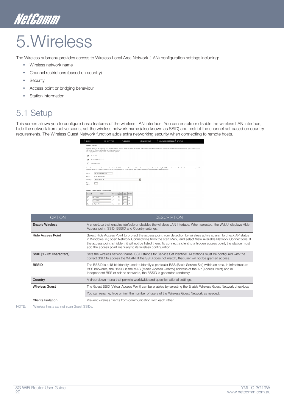 Wireless, 1 setup | NetComm YML-O-3G19W User Manual | Page 20 / 55