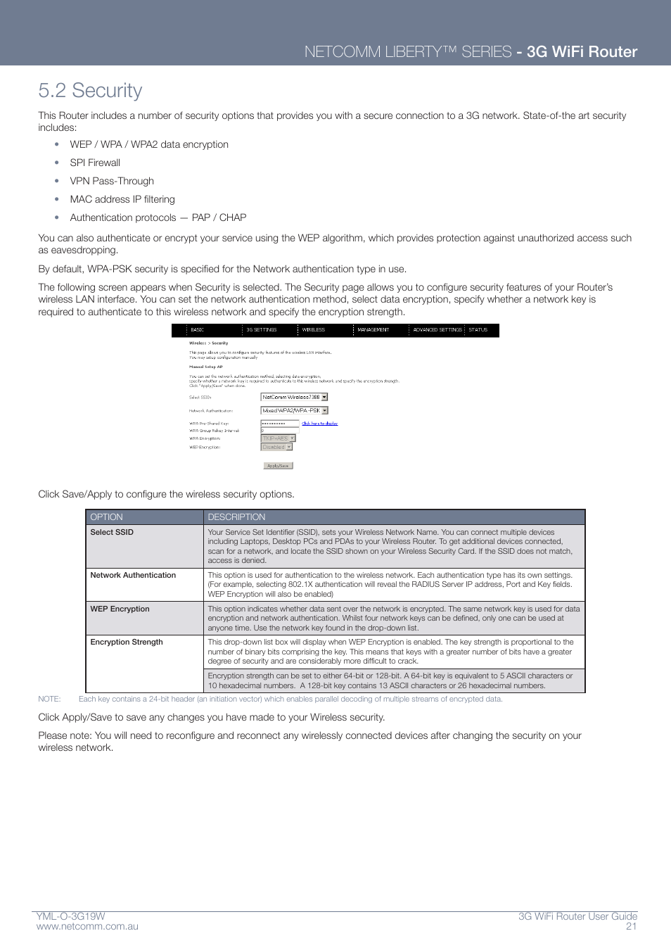 2 security, Netcomm liberty™ series - 3g wifi router | NetComm YML-O-3G19W User Manual | Page 21 / 55