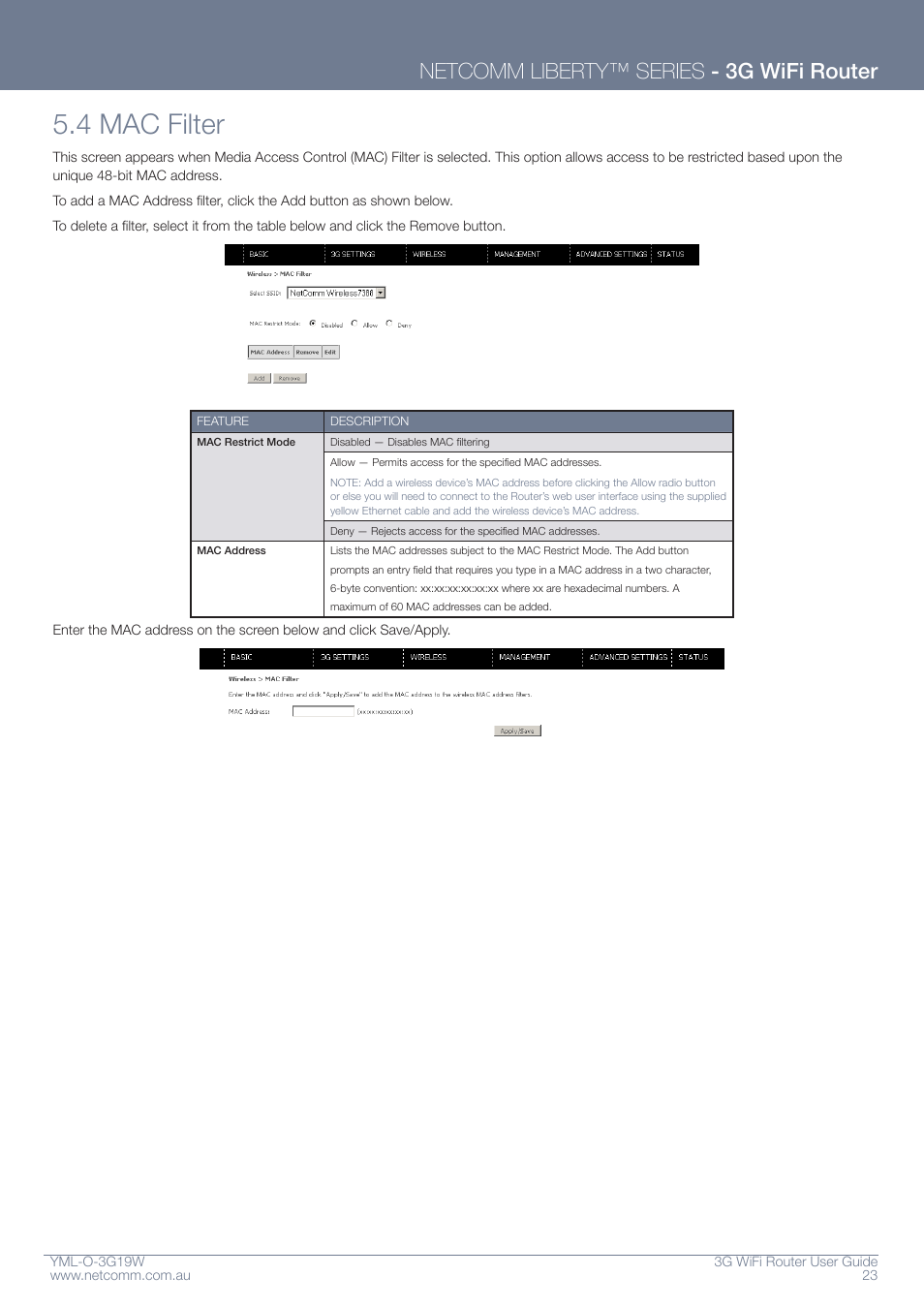 4 mac filter, Netcomm liberty™ series - 3g wifi router | NetComm YML-O-3G19W User Manual | Page 23 / 55