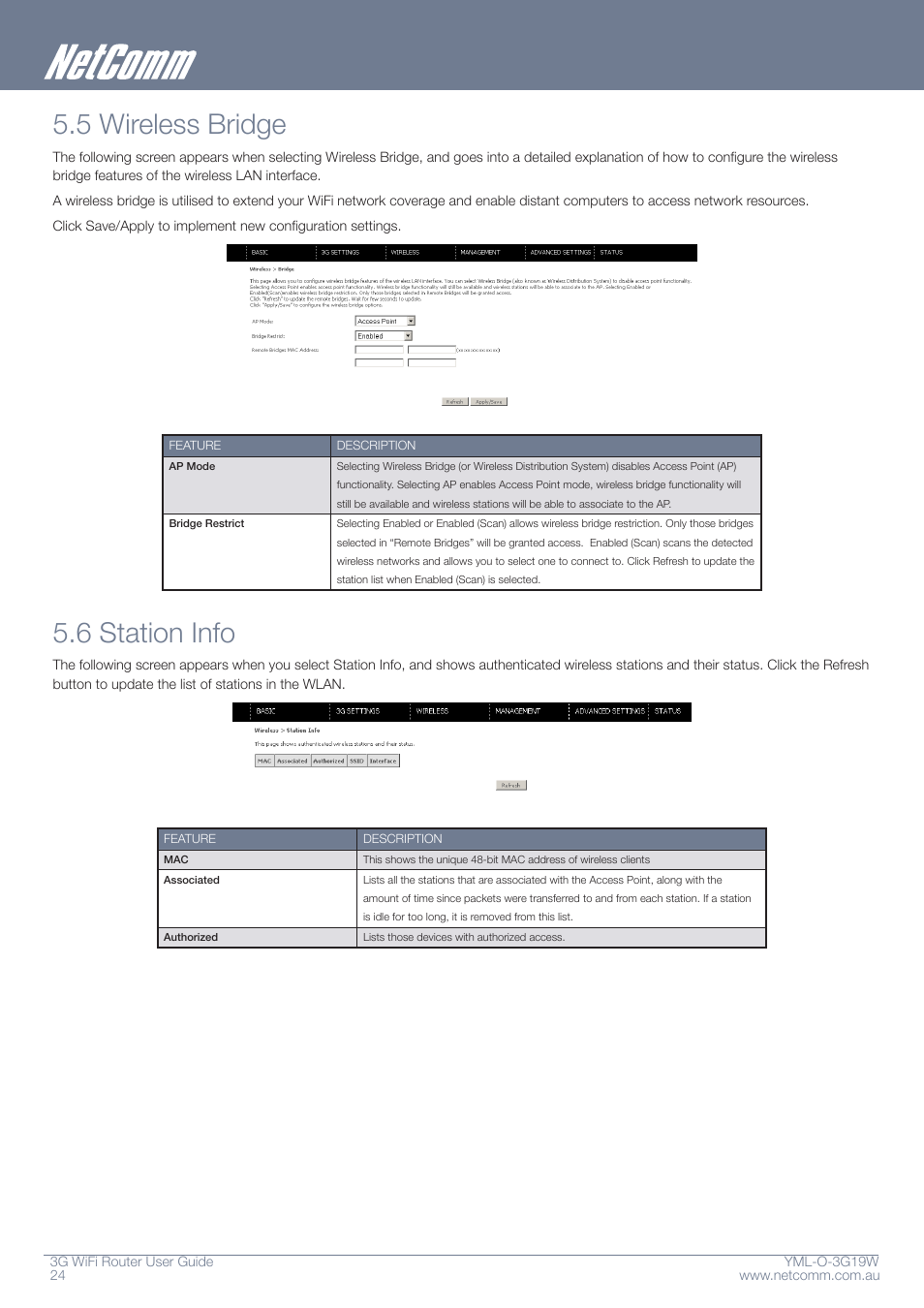 5 wireless bridge, 6 station info | NetComm YML-O-3G19W User Manual | Page 24 / 55