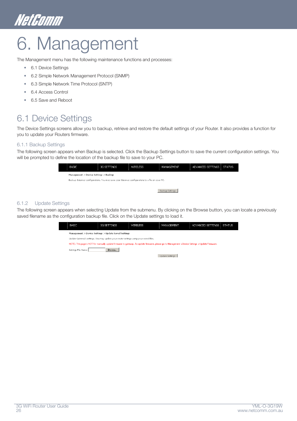 Management, 1 device settings | NetComm YML-O-3G19W User Manual | Page 26 / 55