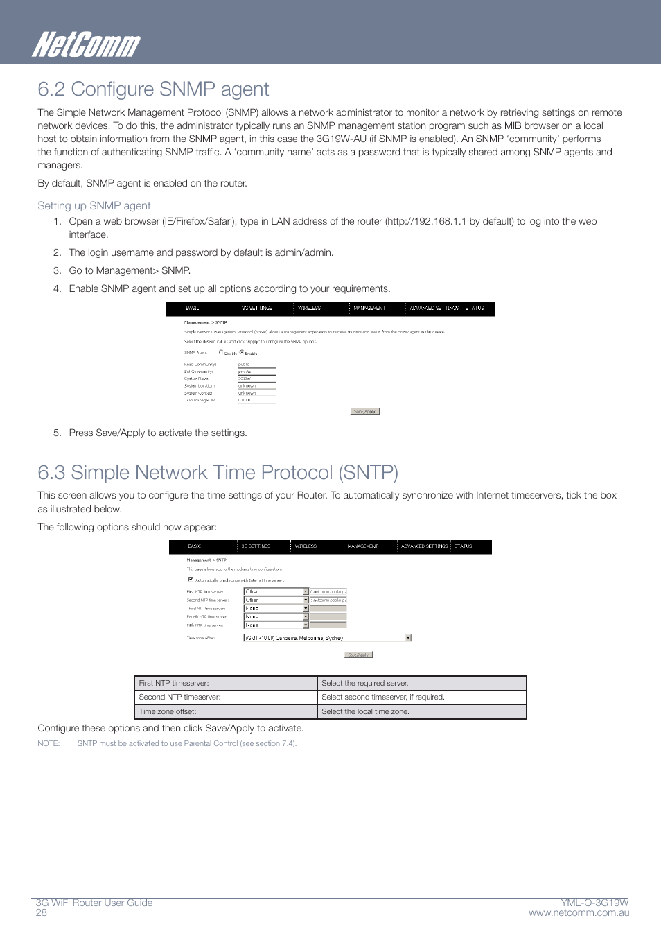 2 configure snmp agent, 3 simple network time protocol (sntp) | NetComm YML-O-3G19W User Manual | Page 28 / 55