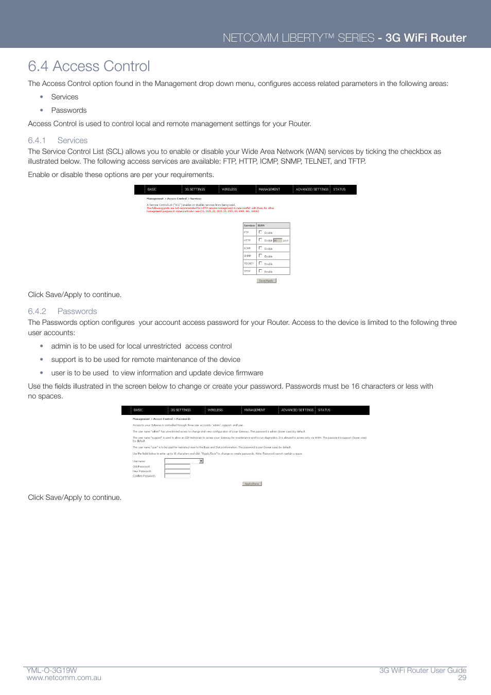 4 access control, Netcomm liberty™ series - 3g wifi router | NetComm YML-O-3G19W User Manual | Page 29 / 55