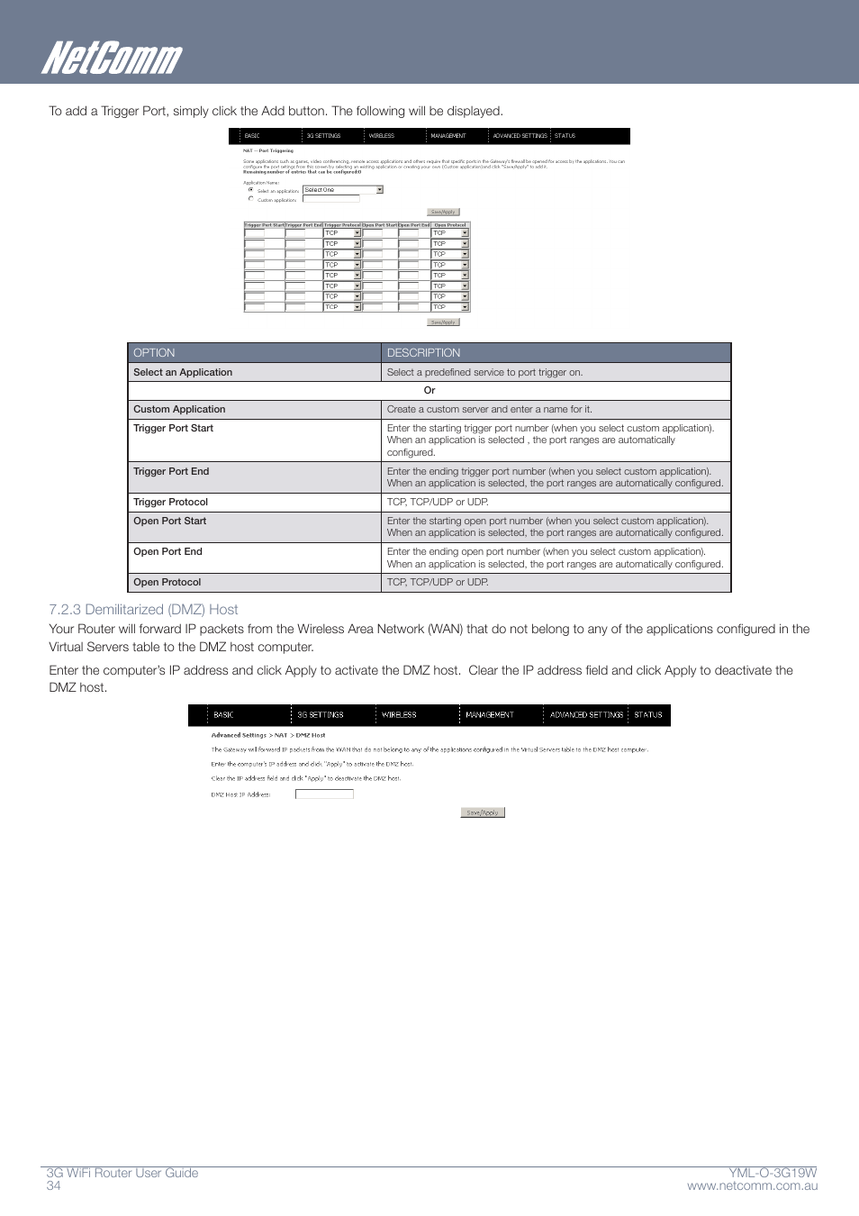 3 demilitarized (dmz) host | NetComm YML-O-3G19W User Manual | Page 34 / 55