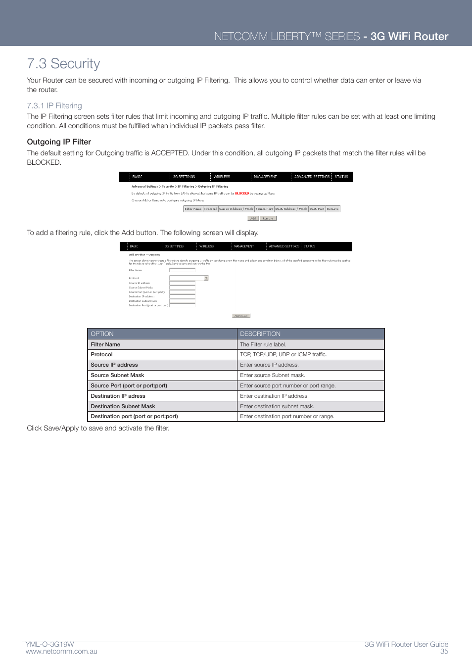 3 security, Netcomm liberty™ series - 3g wifi router | NetComm YML-O-3G19W User Manual | Page 35 / 55