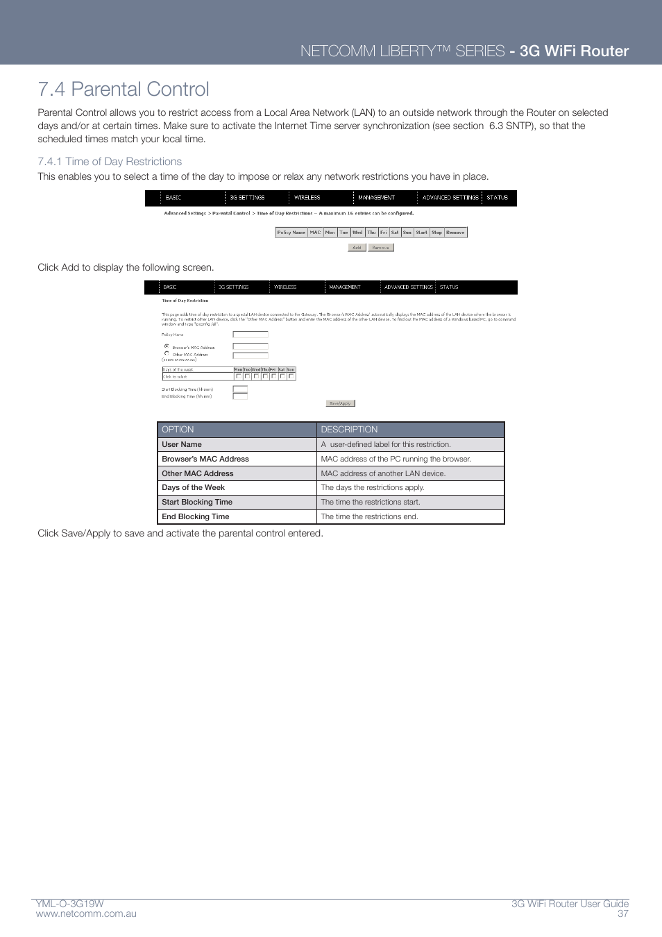 4 parental control, Netcomm liberty™ series - 3g wifi router | NetComm YML-O-3G19W User Manual | Page 37 / 55