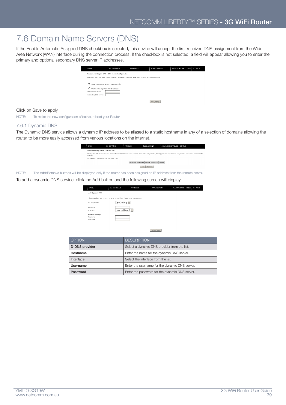 6 domain name servers (dns), Netcomm liberty™ series - 3g wifi router | NetComm YML-O-3G19W User Manual | Page 39 / 55