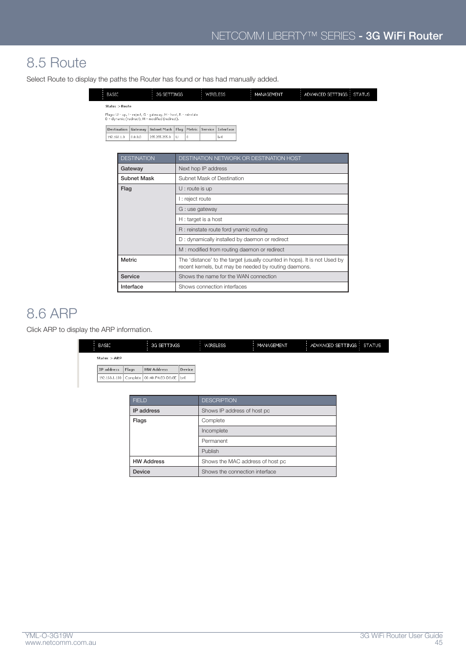 5 route, 6 arp, Netcomm liberty™ series - 3g wifi router | NetComm YML-O-3G19W User Manual | Page 45 / 55