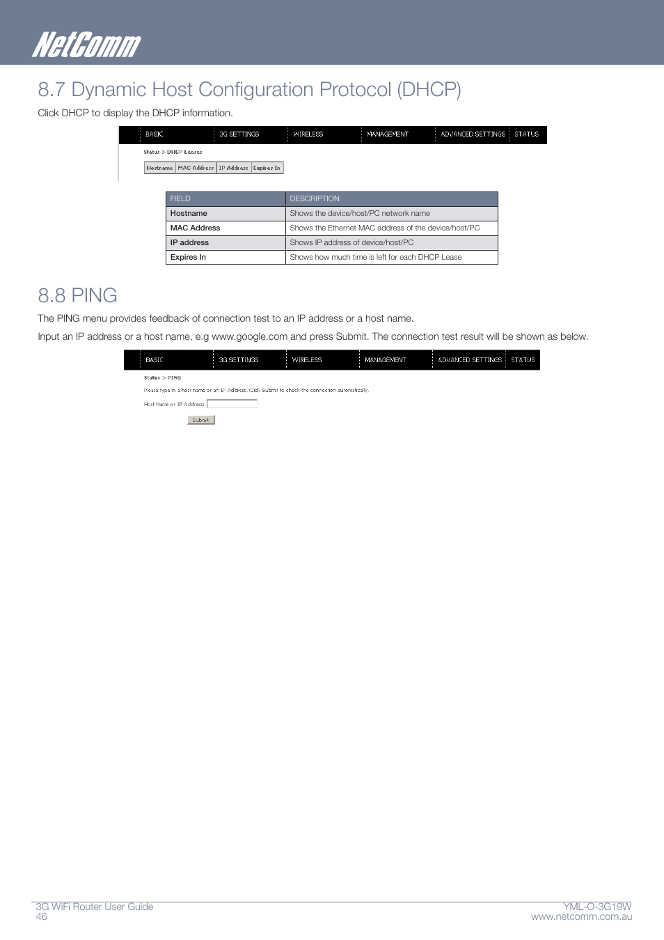 7 dynamic host configuration protocol (dhcp), 8 ping | NetComm YML-O-3G19W User Manual | Page 46 / 55