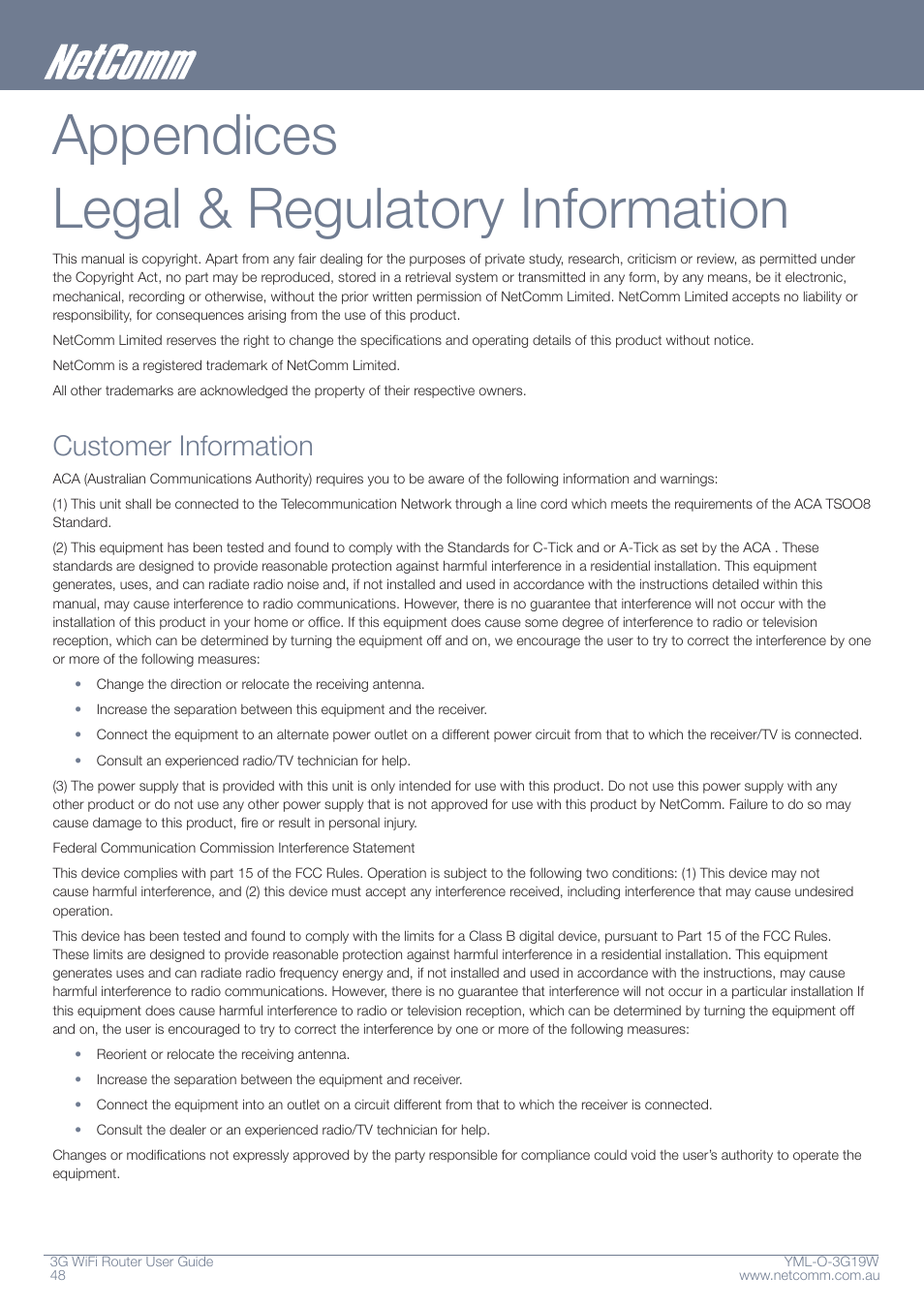 Appendices legal & regulatory information, Customer information | NetComm YML-O-3G19W User Manual | Page 48 / 55