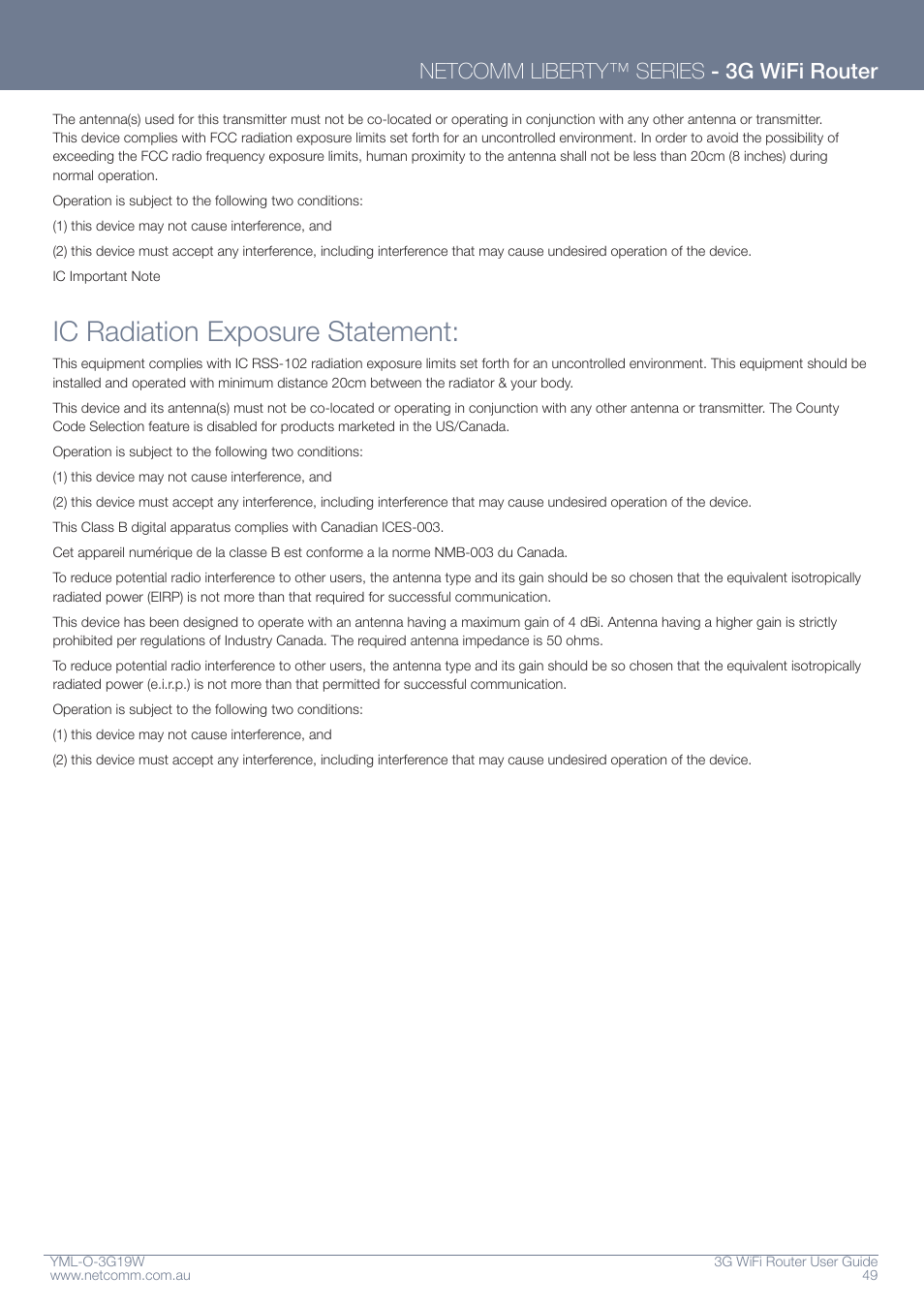 Ic radiation exposure statement, Netcomm liberty™ series - 3g wifi router | NetComm YML-O-3G19W User Manual | Page 49 / 55