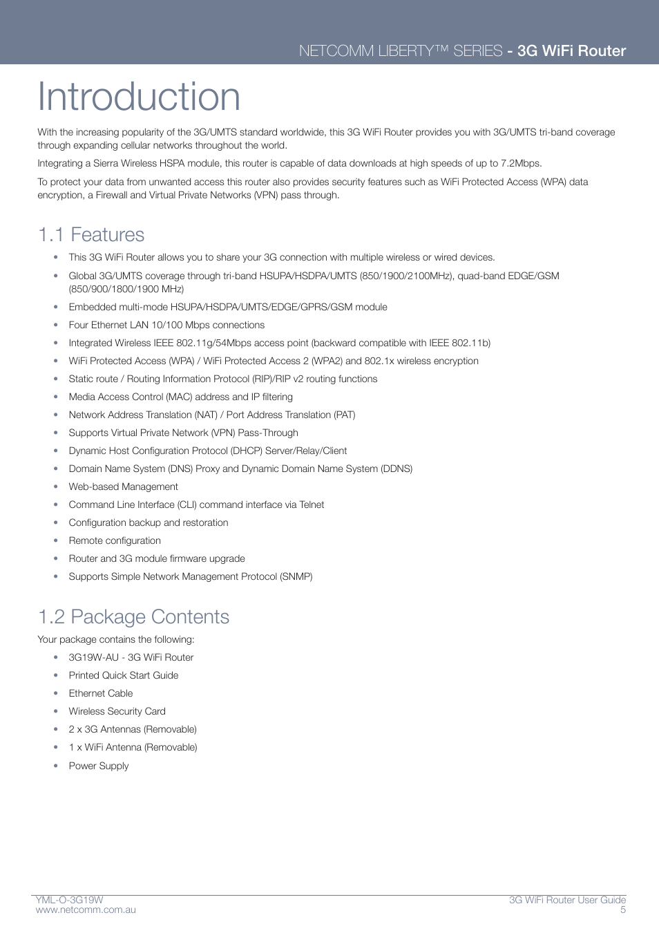 Introduction, 1 features, 2 package contents | Netcomm liberty™ series - 3g wifi router | NetComm YML-O-3G19W User Manual | Page 5 / 55