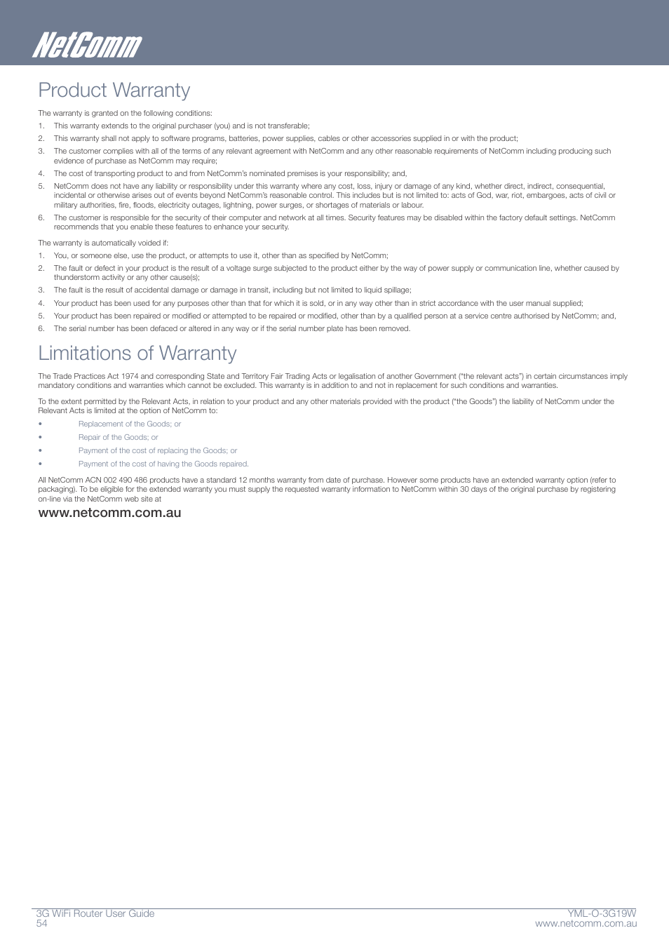 Product warranty, Limitations of warranty | NetComm YML-O-3G19W User Manual | Page 54 / 55