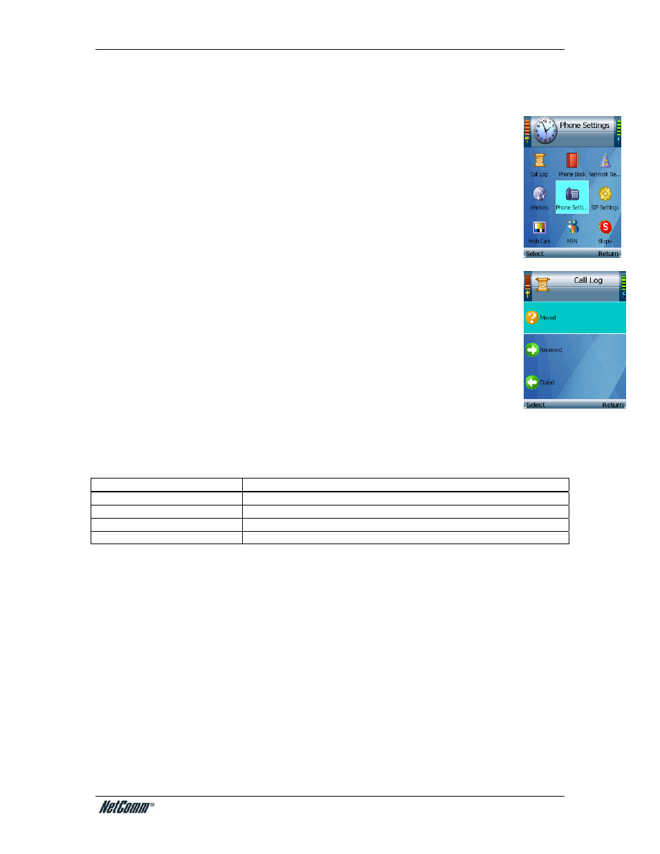 Main menu, Call log | NetComm V24W User Manual | Page 20 / 46