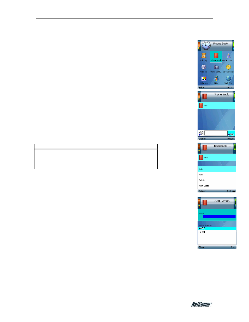 Phone book, Option | NetComm V24W User Manual | Page 21 / 46