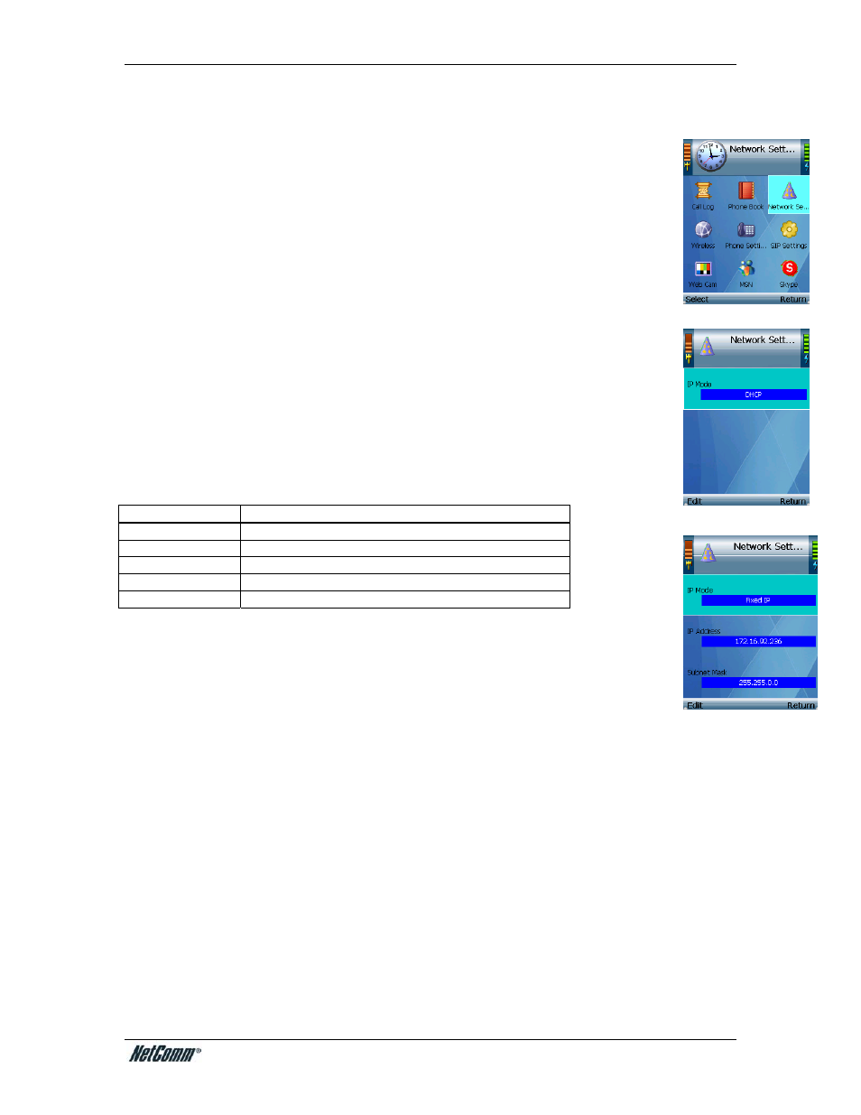 Network settings, Dhcp, Fixed ip | NetComm V24W User Manual | Page 22 / 46