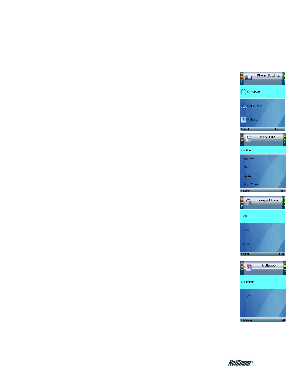 Phone settings, Ring option, Keypad tone | Wallpaper, Date & time | NetComm V24W User Manual | Page 27 / 46