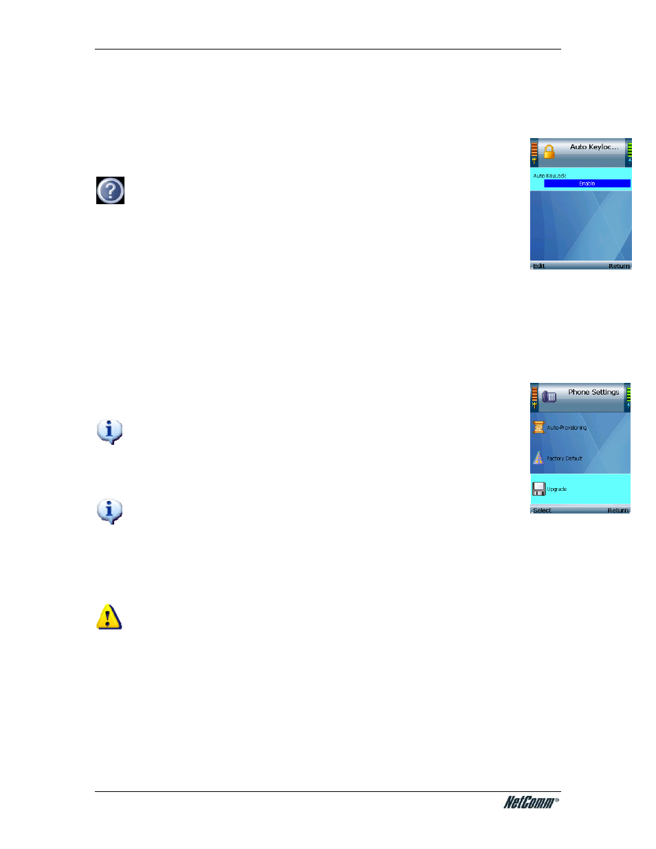 Auto keylock settings, Factory default, Upgrade | NetComm V24W User Manual | Page 29 / 46