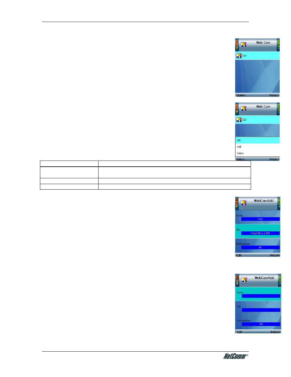 Web cam, Viewing a web camera, Option | NetComm V24W User Manual | Page 31 / 46