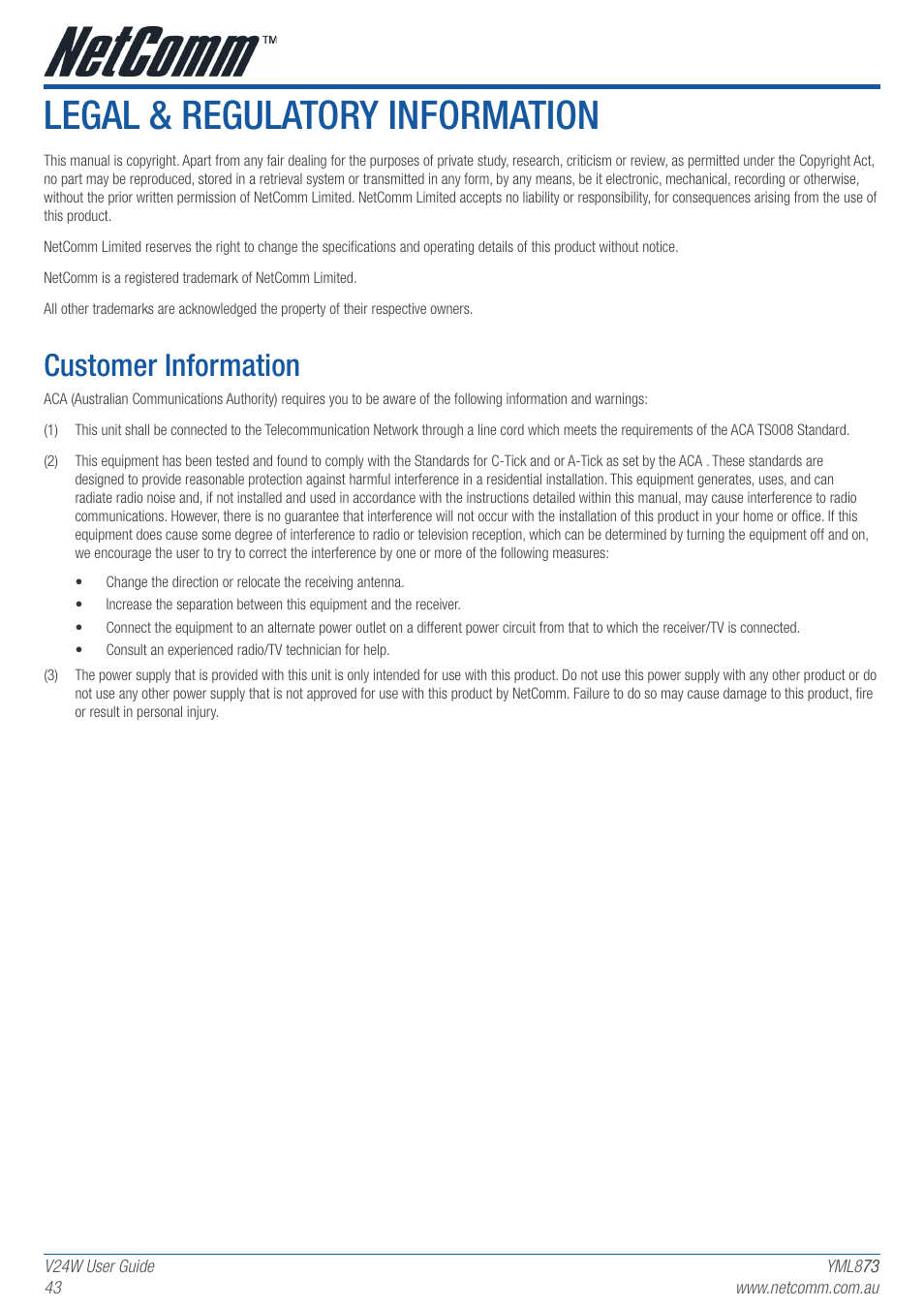 Legal & regulatory information, Customer information | NetComm V24W User Manual | Page 44 / 46