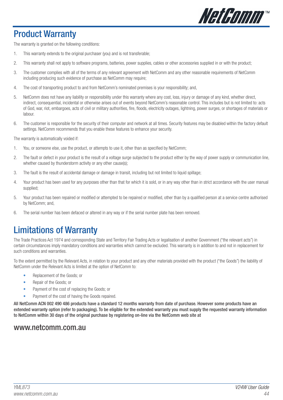 Product warranty, Limitations of warranty | NetComm V24W User Manual | Page 45 / 46