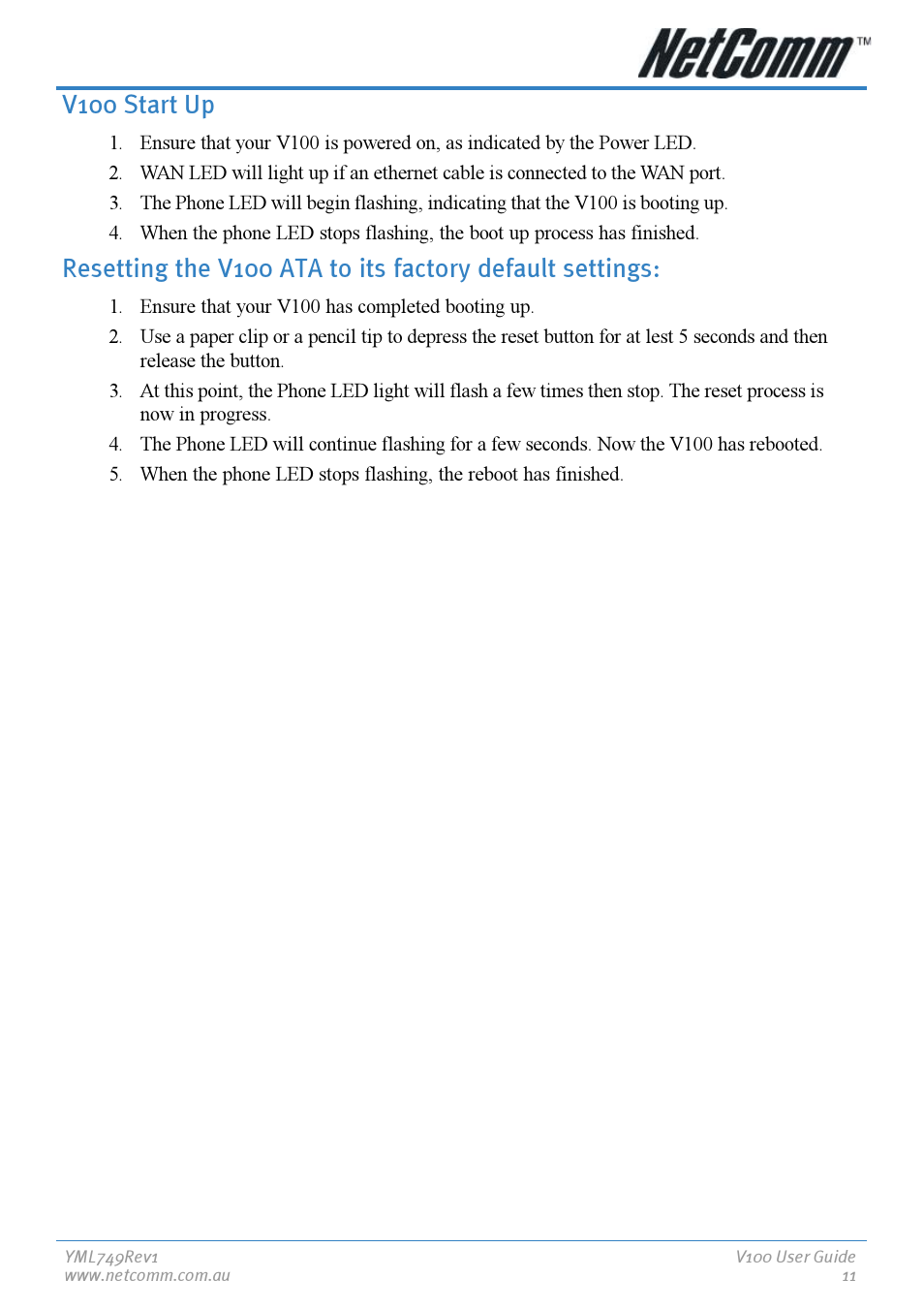 V100 start up | NetComm V100 User Manual | Page 11 / 40
