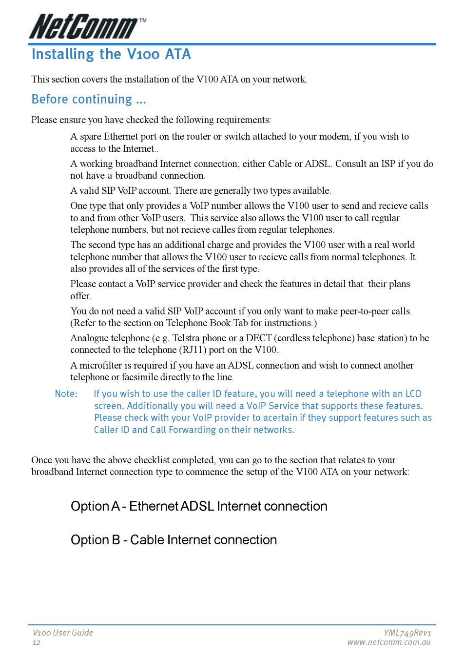 Installing the v100 ata, Before continuing | NetComm V100 User Manual | Page 12 / 40
