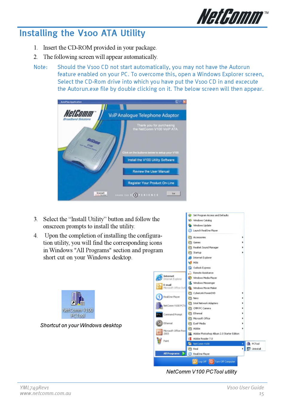 Installing the v100 ata utility | NetComm V100 User Manual | Page 15 / 40