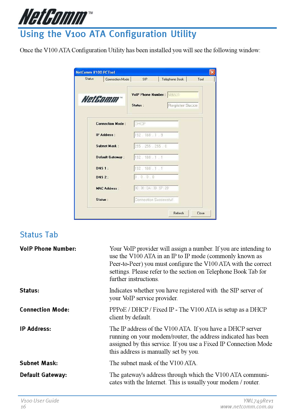 Using the v100 ata configuration utility, Status tab | NetComm V100 User Manual | Page 16 / 40