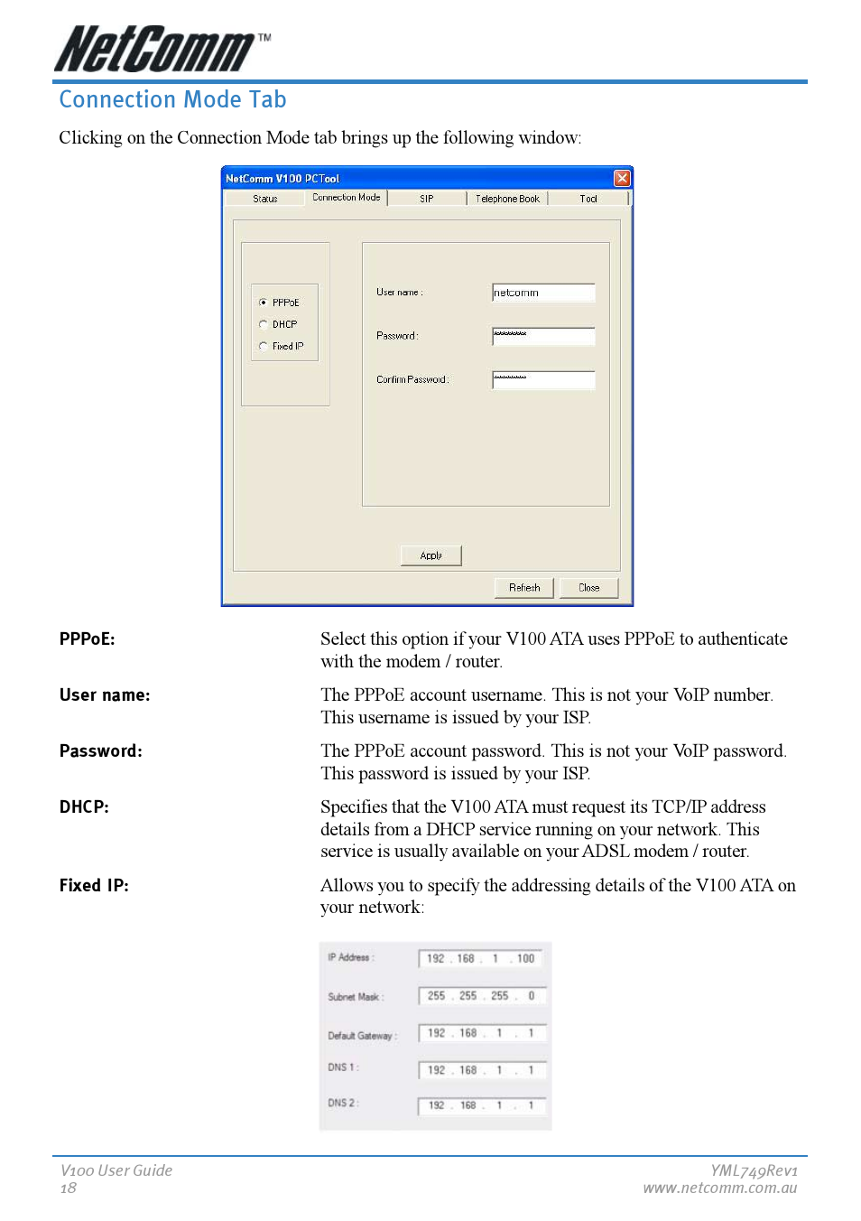Connection mode tab | NetComm V100 User Manual | Page 18 / 40