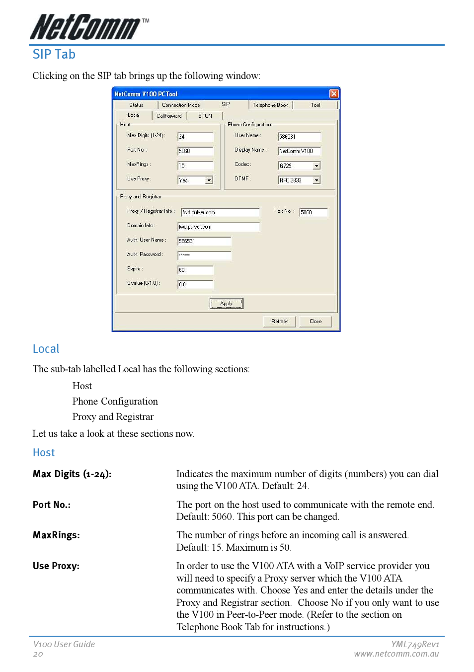 Sip tab, Local, Host | NetComm V100 User Manual | Page 20 / 40