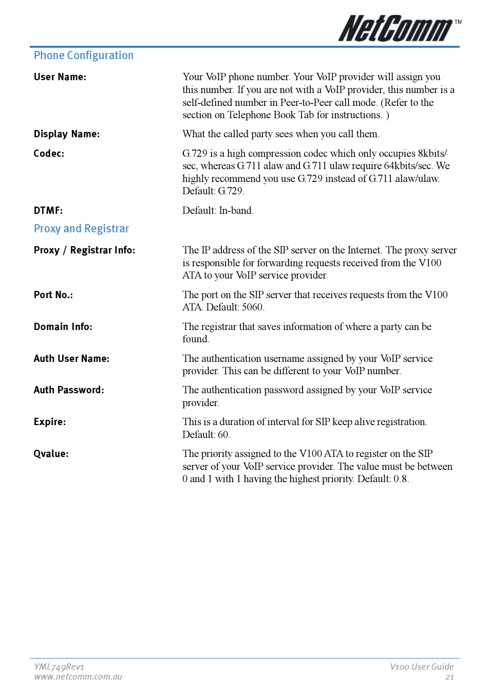 Phone configuration, Proxy and registrar, Phone configuration proxy and registrar | NetComm V100 User Manual | Page 21 / 40
