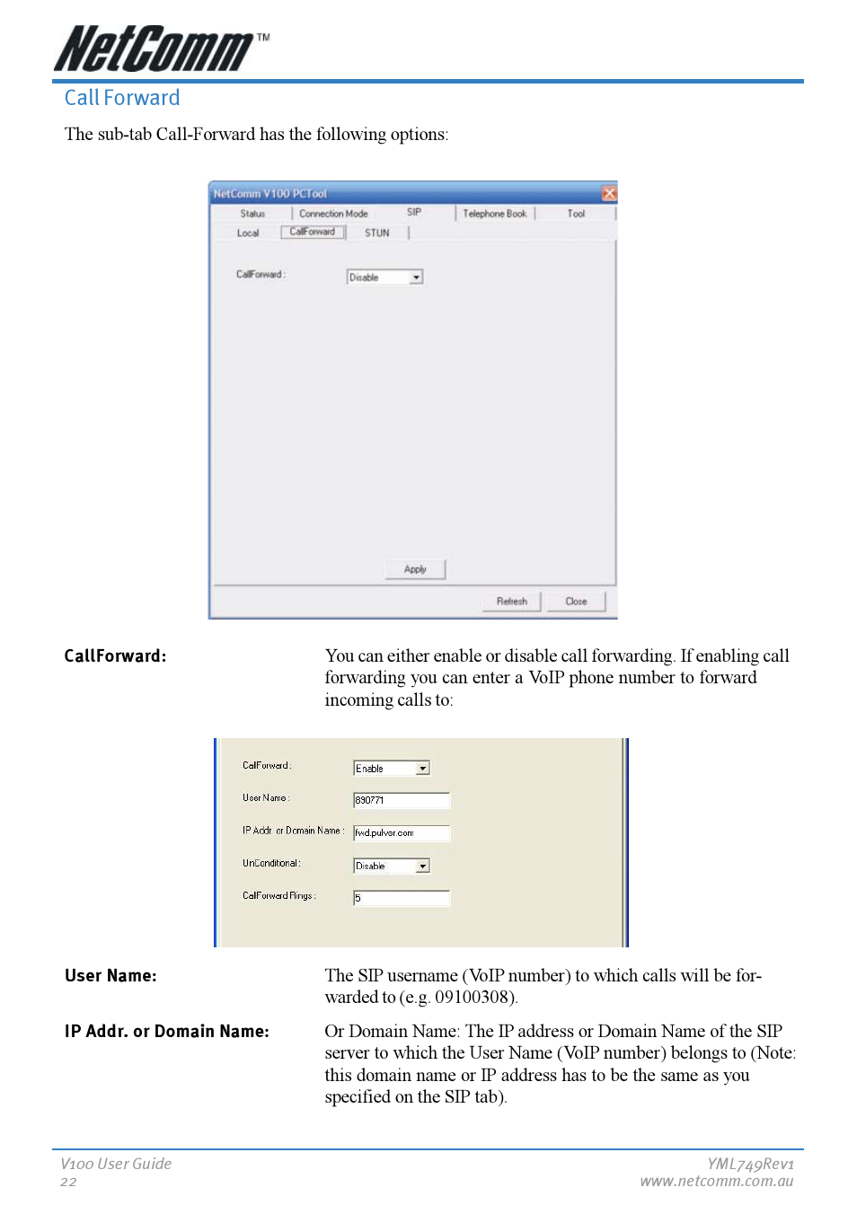 Call forward | NetComm V100 User Manual | Page 22 / 40