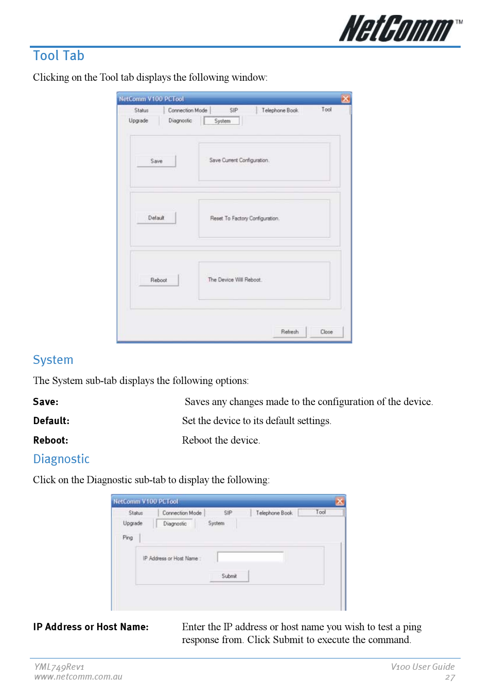 Tool tab, System, Diagnostic | System diagnostic | NetComm V100 User Manual | Page 27 / 40
