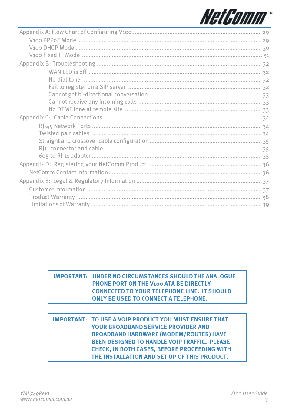 NetComm V100 User Manual | Page 3 / 40