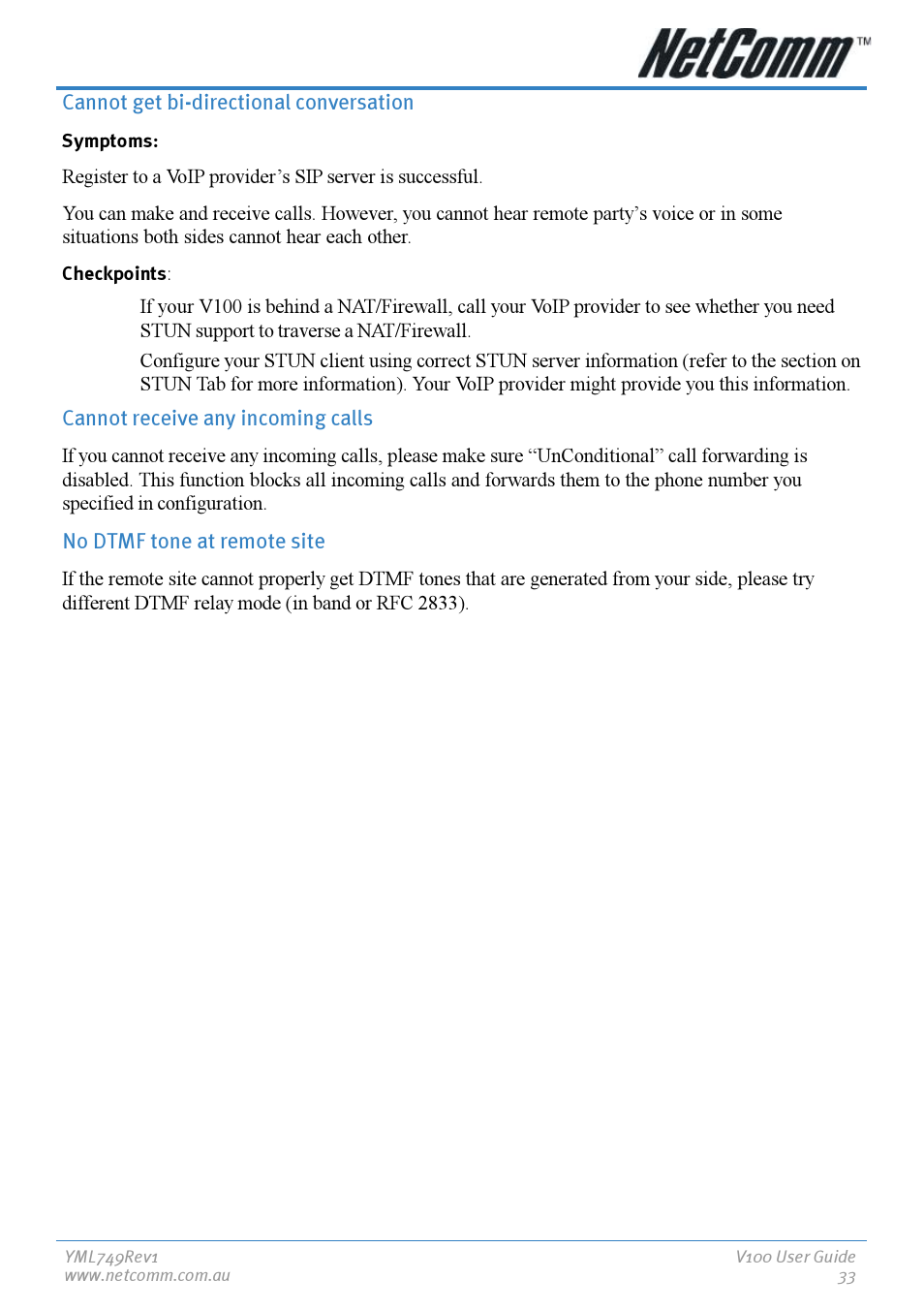 Cannot get bi-directional conversation, Cannot receive any incoming calls, No dtmf tone at remote site | NetComm V100 User Manual | Page 33 / 40