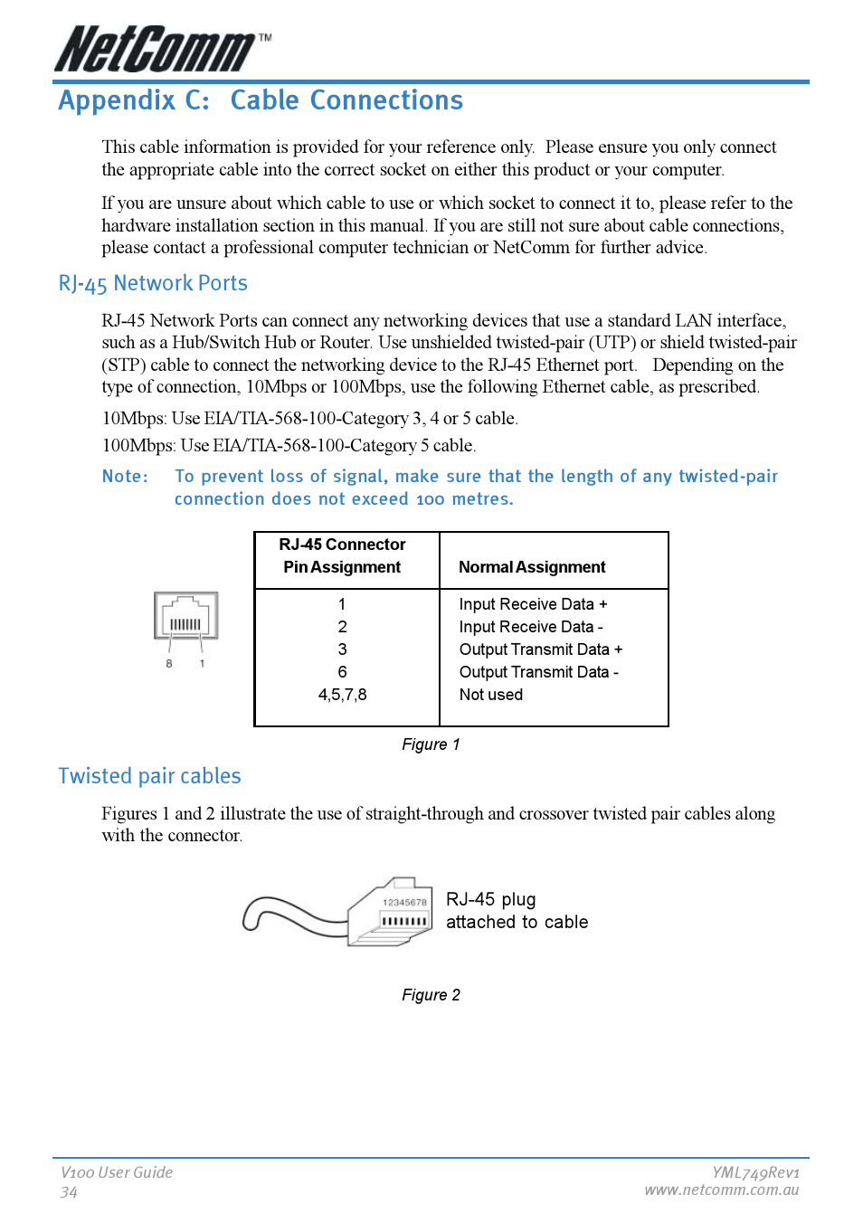Appendix c: cable connections, Rj-45 network ports, Twisted pair cables | Rj-45 network ports twisted pair cables | NetComm V100 User Manual | Page 34 / 40